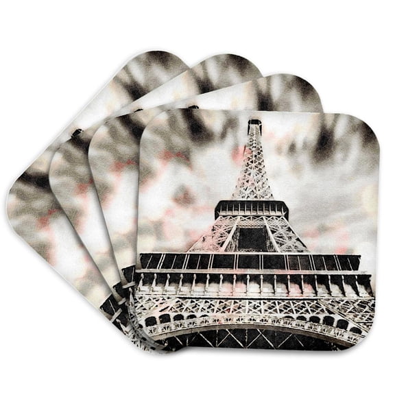 3drose, Eiffel Tower Looking up in Paris France Image of Watercolor Painting, Set of 4 Coasters - Soft