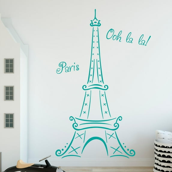 Eiffel Tower Ooh La La Paris Vinyl Wall Decal Sticker 6 foot tall Eiffel Tower Decals - Size: 72"H x 39"L - Color: Turquoise