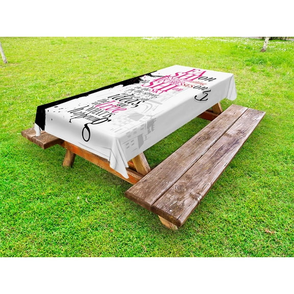 Eiffel Tower Outdoor Tablecloth, Woman Figure in Paris in Autumn Inspirational Words Vogue Theme Art Print, Decorative Washable Fabric Picnic Tablecloth, 58 X 104 Inches, Black Pink, by Ambesonne