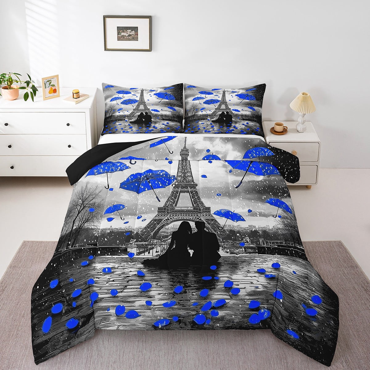 Eiffel Tower Paris Bedding Full Size,Teal Umbrella Comforter Set,Rain ...