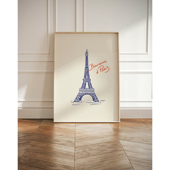 Eiffel Tower Paris Blue Hand Drawn City Home Wall Decor Unframed Paper Print