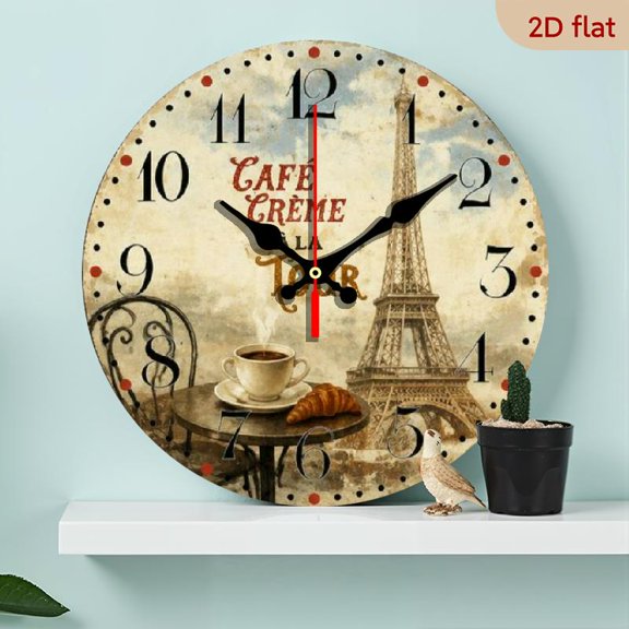 Eiffel Tower Paris Cafe Theme Round Wall Clock, Vintage French Coffee Shop Decor for Kitchen, Living Room, Bedroom, Perfect Gift for Family, Friends and Art Lovers 10*10in