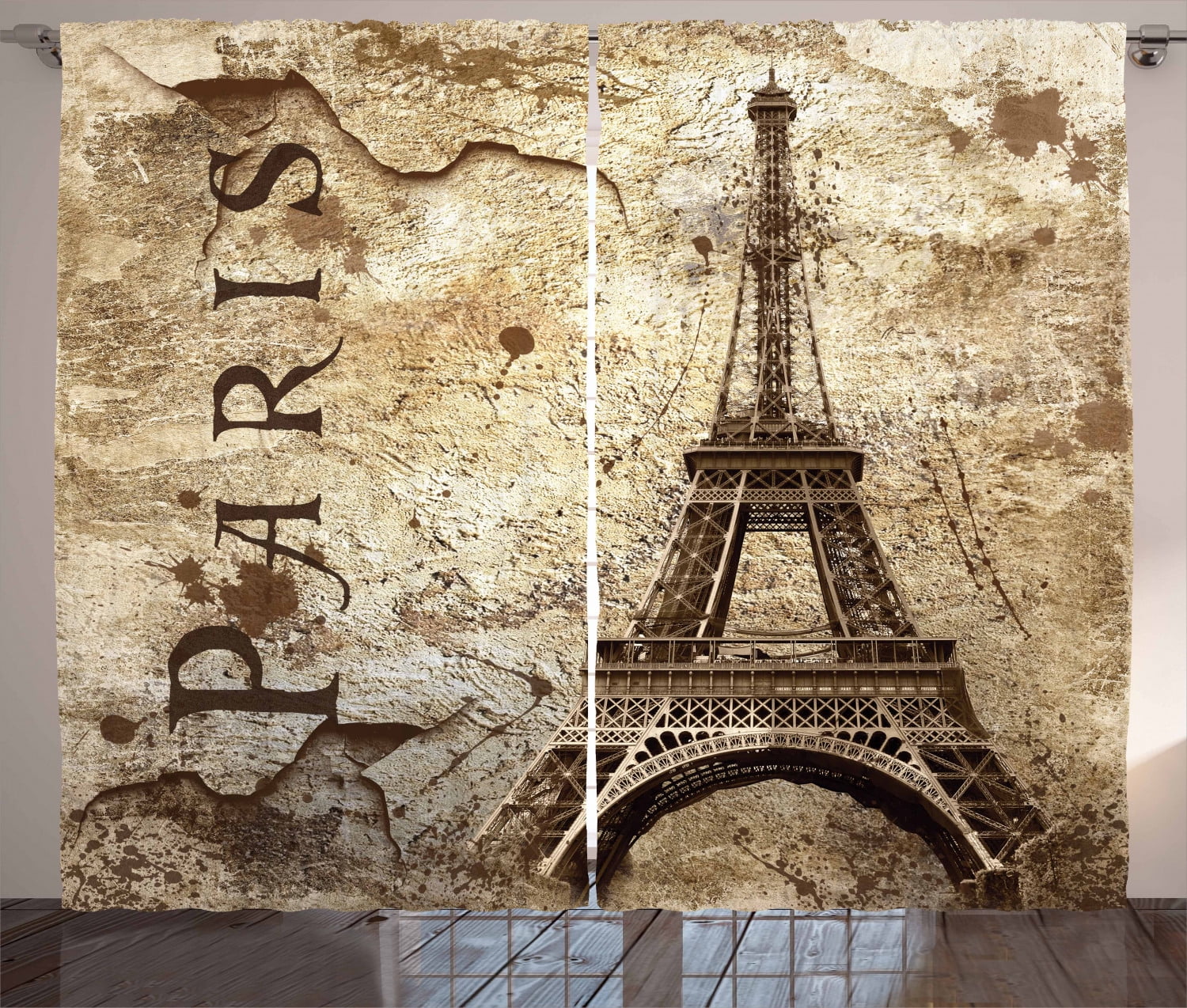 Ambesonne Paris Curtains 2 Panel Set, Eiffel Tower on Grunge Wall, 108" x 90", Brown Beige