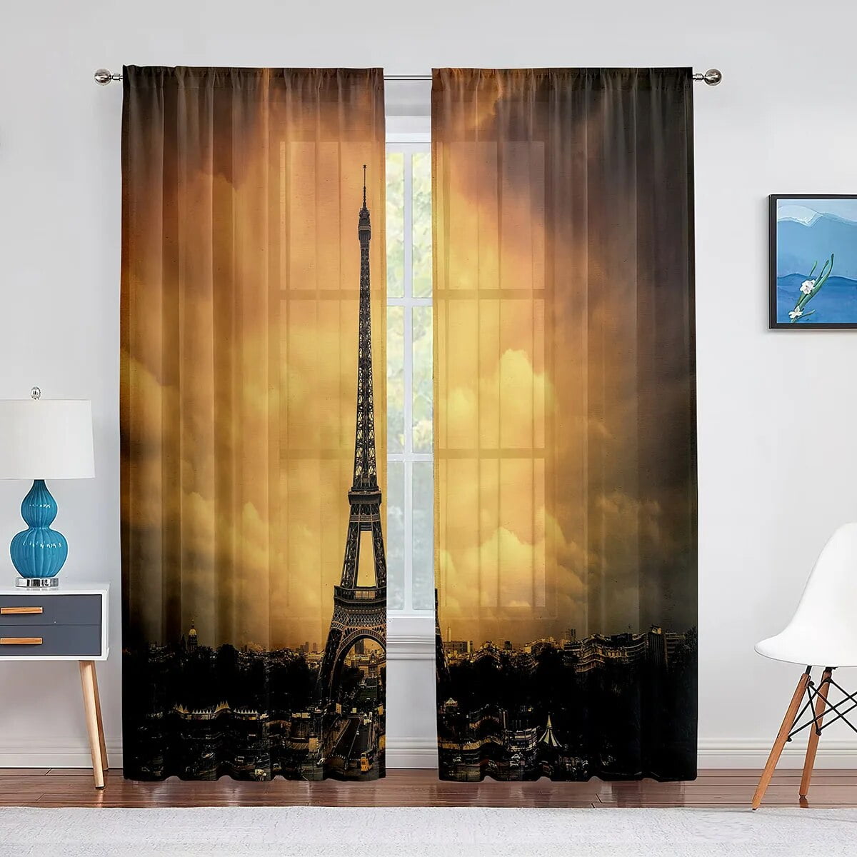 Eiffel Tower Paris Famous Landscape Sheer Curtain for Living Room
