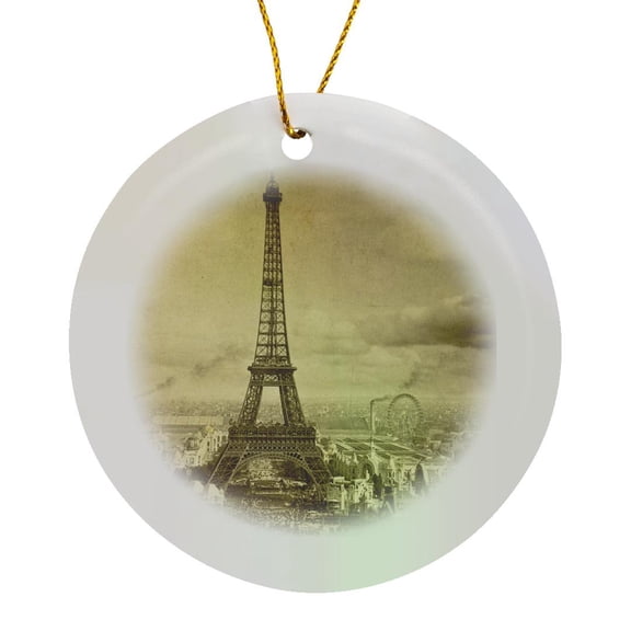 3drose, Eiffel Tower Paris France 1889 Sepia Tone, Circle Porcelain Ornament