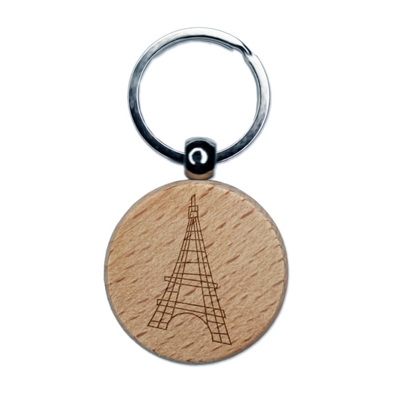 Eiffel Tower Paris France Doodle Round Keychain Charm Tag - Engraved Wood