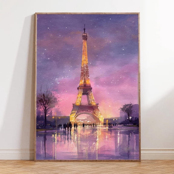 Eiffel Tower Paris France Night Cityscape Romantic Wall Art, Stretched Canvas Size 16x24