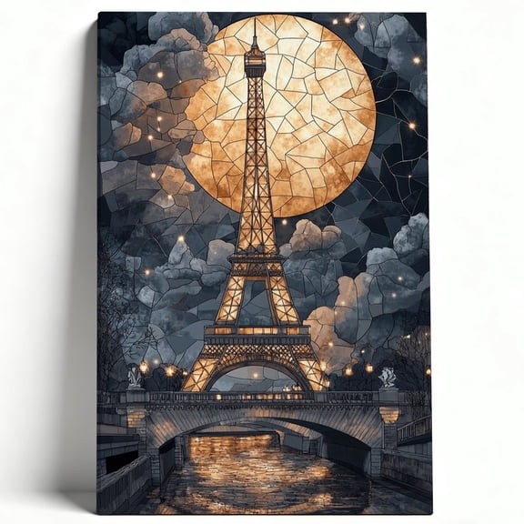 Eiffel Tower Paris Night Stained Glass Style Framed Canvas Wall Art - Romantic Full Moon French Cityscape Prints - Artistic European Travel Home Decor 24*36inch(60*90cm)