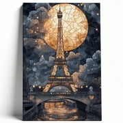 Eiffel Tower Paris Night Stained Glass Style Framed Canvas Wall Art - Romantic Full Moon French Cityscape Prints - Artistic European Travel Home Decor 8*12inch20*30cm