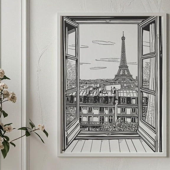 Eiffel Tower - Paris Print - Monochrome Black & White - Line Drawing - Wall Art - Architecture - City Art - Illustration - Paris Art, Stretched Canvas Size 8x12