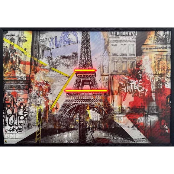 Eiffel Tower Paris Scenic Framed LED Neon Light Canvas Print - 36" x 24"