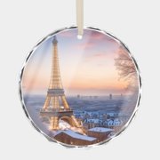 Eiffel Tower Paris Snow Ornament, France Travel Vacation Premium Crystal Glass Christmas Ornament, 3  Flat Round Beveled-Edge Disc 0.23  Thick with Printed Image, Xmas Holiday Tree Gift