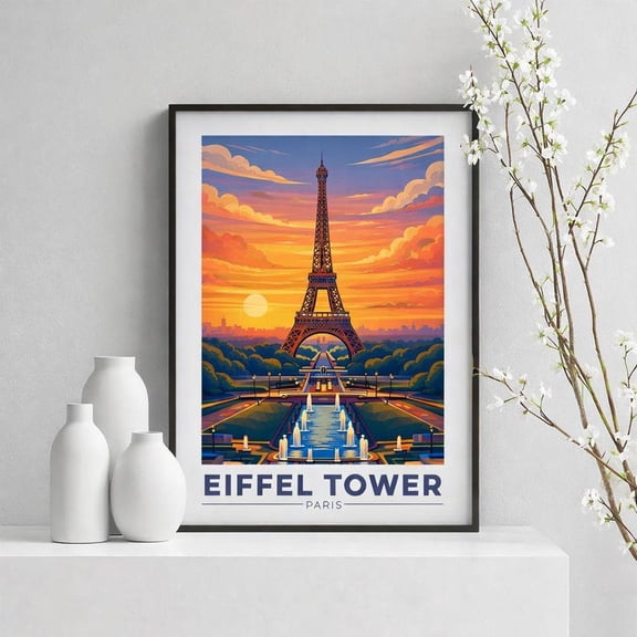 Eiffel Tower Paris Sunset Travel Poster – Vintage Travel Print, Cityscape Art 24x36 UNFRAMED