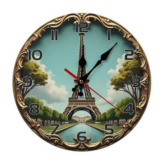Eiffel Tower Paris Wall Clock 10 Inch Silent Non Ticking Round Clock Decoration for Living Room Kitchen Bedroom Bathroom Office Classroom
