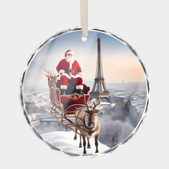 Eiffel Tower Paris Winter Snow Ornament, French Travel Tourist Premium Crystal Glass Christmas Ornament, 3 Flat Round Beveled-Edge Disc (0.23 Thick) with Printed Image, Xmas Holiday Tree Gift
