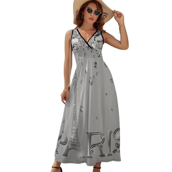 Eiffel Tower Paris Womens Night Club Maxi Dress V Neck Sleeveless Bohemia Long Dresses