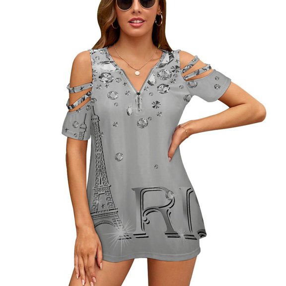 Eiffel Tower Paris Womens Summer V Neck Zipper Top Short Sleeve T Shirt Off Shoulder Top Casual Classy Loose Shirts
