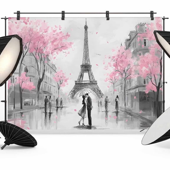 Eiffel Tower Photography Backdrop 7x5FT, Sweet Couple Pink Cherry Blossom Trees Photo Backdrops, Background for Photography Studio Photo Studio Background, Back Drop for Photoshoot