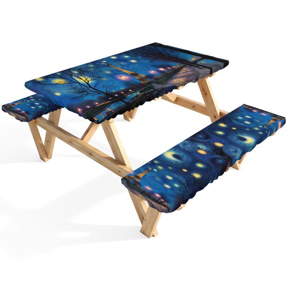 Eiffel Tower Picnic Table Cover with Bench Covers Park Path Impressionist Abstract Waterproof Fitted Picnic Tablecloth 3 Pieces Set Table Cloth for Outdoor Camping Garden BBQ