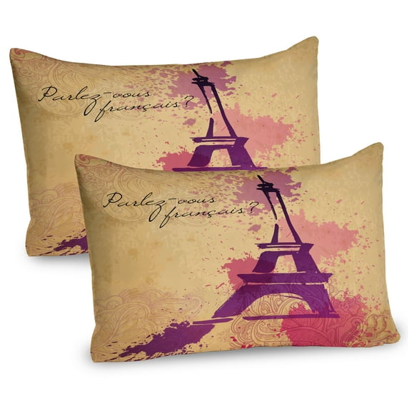 Eiffel Tower Pillow Sham Set of 2, French Cursive Wordprint Eiffel Doodle Silhouette Pastel Splash Retro Print, Quality Microfiber Bedding Item for All Seasons, 26" x 20", Purple Beige, by Ambesonne