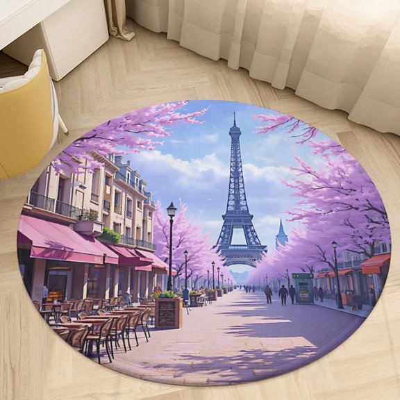 Eiffel Tower Pink Bicycle Round Area Rugs for Bedroom Living Room, 5FT Soft Indoor Circle Carpets, Carpet Home Decor Floor Mat