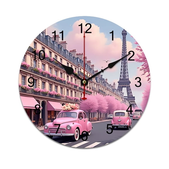 Eiffel Tower Pink Cherry Blossom Trees And Butterflies Bedroom Wall Clock Large Modern Kitchen Dinning Round Living Room Watch Home Decor