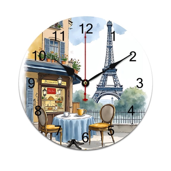 Eiffel Tower Pink Cherry Blossom Trees And Butterflies Printed Silent Wall Clock Round Kitchen Clock Chic Quiet Desk Clock For Living Room