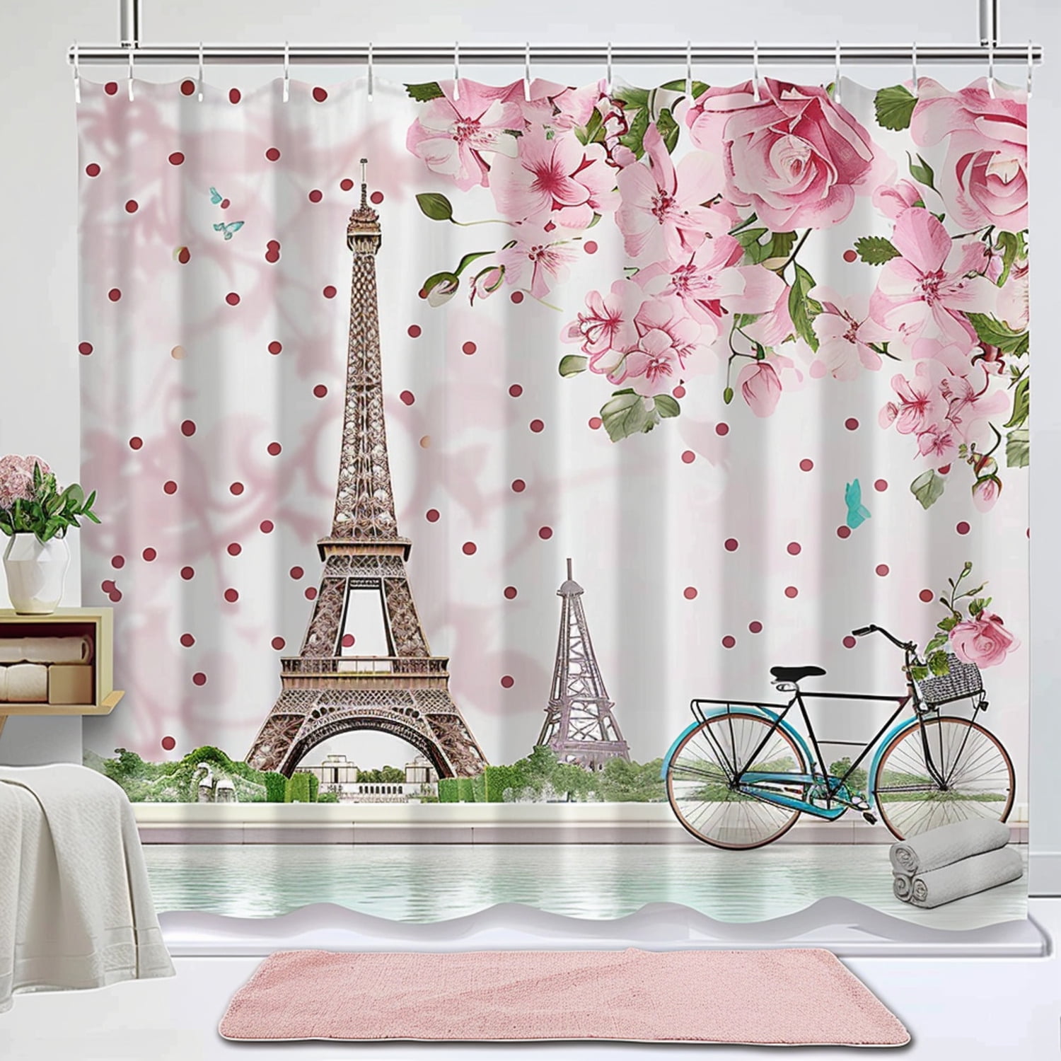 Eiffel Tower Pink Flowers Bike Polka Dot Bathroom Set Shower Curtain ...