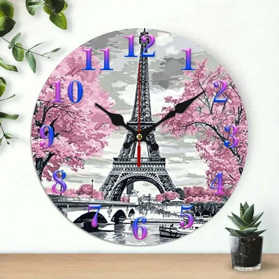 Eiffel Tower, Pink Trees Wood Wall Clock Wall art Decor, Battery Operated (AA Not Included) Great for Living Room, Kitchen, Dorm Decoration and Daily Practical Gift