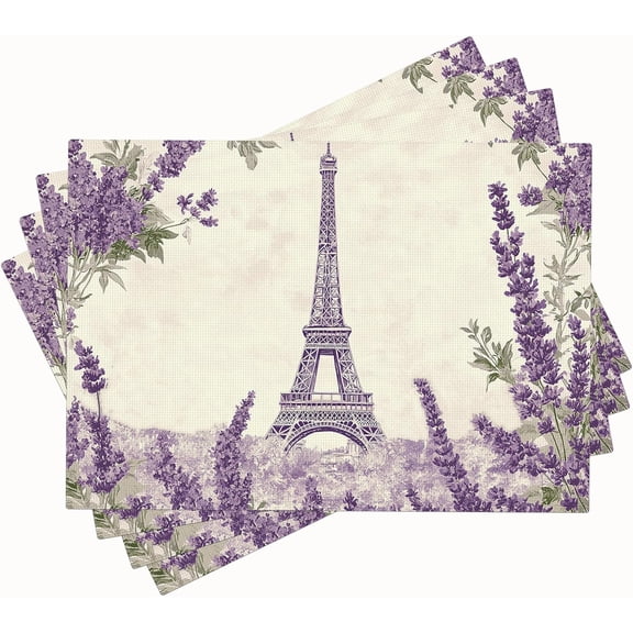 Eiffel Tower Placemats Set of 4 Paris Lavender Table Mats Washable Vintage Place Mats for Home Party Indoor Kitchen Dining Table Decoration 12x18 Inch