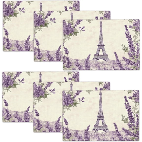 Eiffel Tower Placemats Set of 6 Paris Lavender Table Mats Washable Vintage Place Mats for Home Party Indoor Kitchen Dining Table Decoration 12x18 Inch