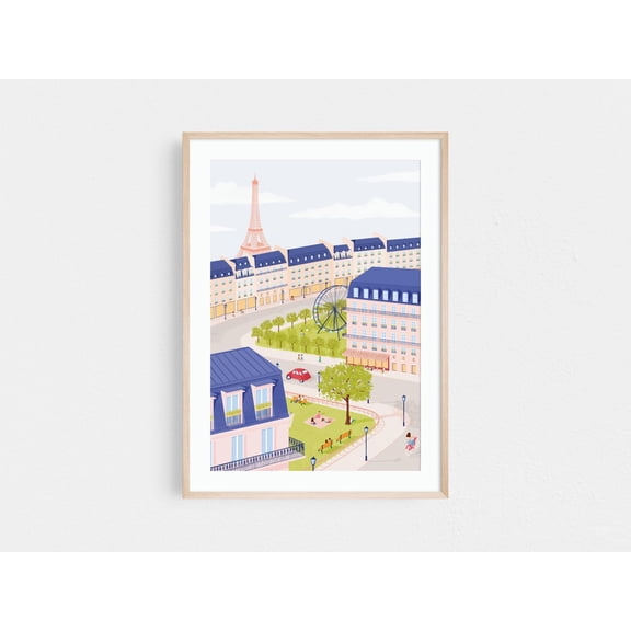 Eiffel Tower Poster, Paris Travel Poster, Paris Illustration, Paris Rooftops Art, Paris Poster Blue Pink, Travel Destination Poster, Unframed Poster Size 16x24