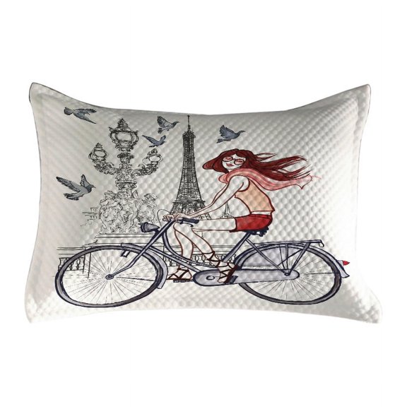 Eiffel Tower Quilted Pillowcover, Illustration of a Woman on Alexander III Bridge in Paris Riding a Bike, Standard King Size Accent Pillow Cover for Bedroom, 36" x 20", Grey Red Peach, by Ambesonne