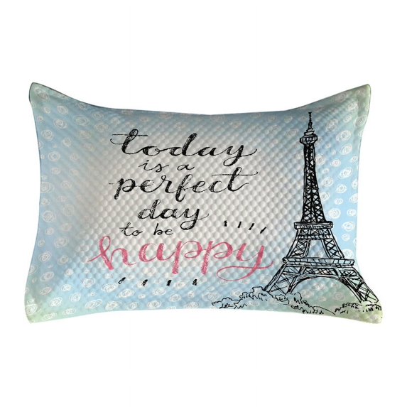Eiffel Tower Quilted Pillowcover, Perfect Day Eiffel Tower Polka Dot Handwriting Typography Sketch Paris Print, Standard King Size Accent Pillow Cover for Bedroom, 36" x 20", Blue Black, by Ambesonne