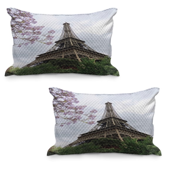 Eiffel Tower Quilted Pillowcover Set of 2, Eiffel Natural Flowers Colorful Blossoms Cloudy Sky Perspective Paris Print, Standard Queen Size Pillow Cover Bedroom, 30" x 20", Grey Green, by Ambesonne