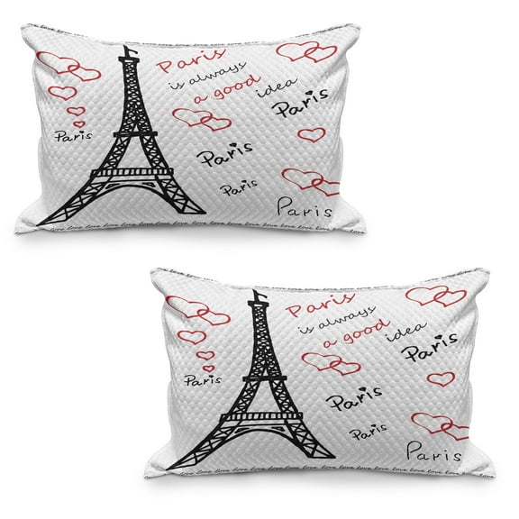 Eiffel Tower Quilted Pillowcover Set of 2, Eiffel Tower Paris is Always an Idea Tourism Locations Love, Standard Queen Size Pillow Cover for Bedroom, 30" x 20", Red Black White, by Ambesonne