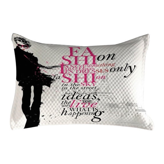 Eiffel Tower Quilted Pillowcover, Woman in Paris in Autumn Inspirational Words Vogue Theme Art Print, Standard King Size Accent Pillow Cover for Bedroom, 36" x 20", Black Pink, by Ambesonne