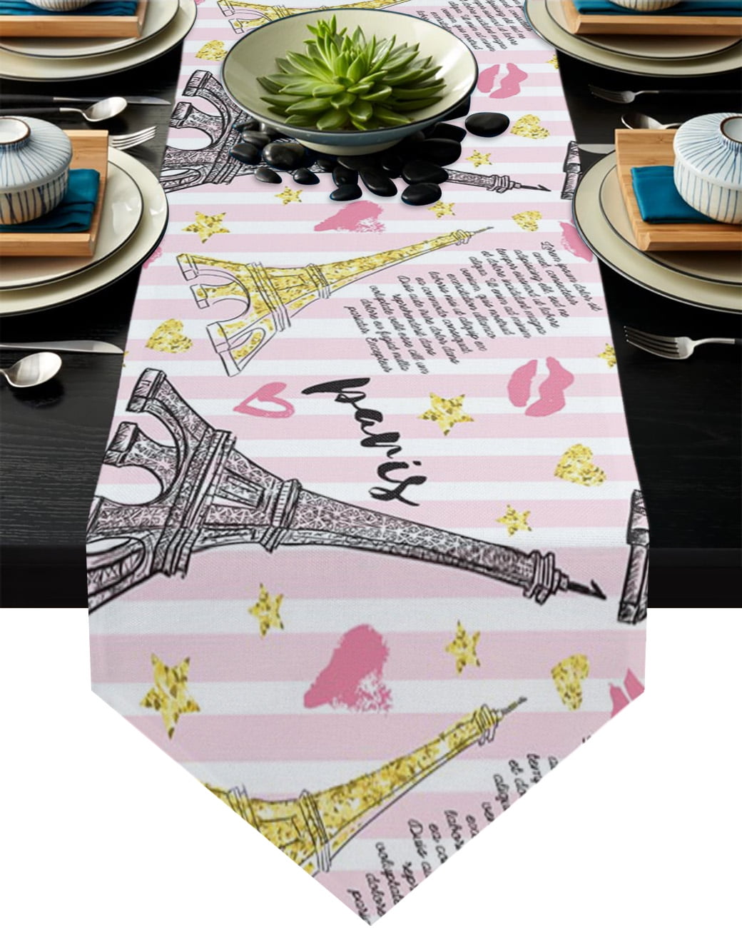 Eiffel Tower Retro Vintage Stamp Black White Modern Table Runner