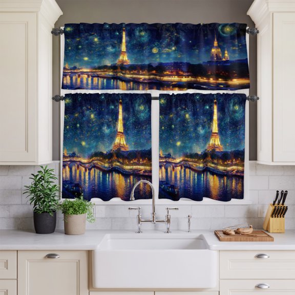 Eiffel Tower River Starry Sky Curtain Tier and Valance Set 3 Piece,Romantic City Lights 3-inch Rod Pocket Window Tier Curtains Valance for Kitchen Living Room