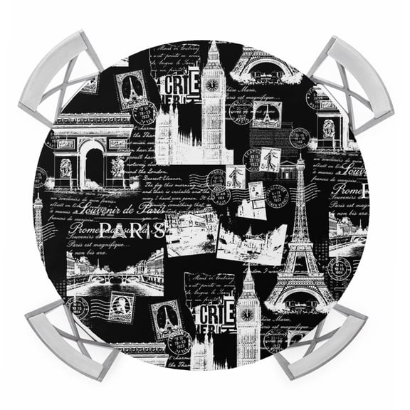 Eiffel Tower Round Tablecloth for 55-60 Inch Tables,Fitted Table Cover with Elastic Edge,Vintage France Romantic European Paris City Art Waterproof Outdoor Table Cloth Protector for Patio Dinner