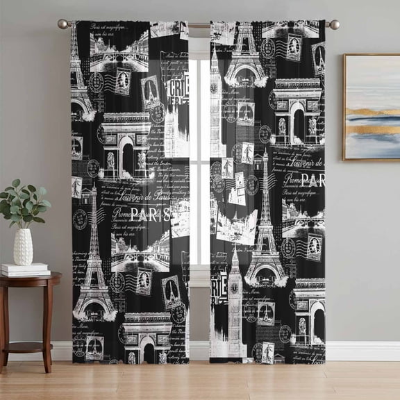Eiffel Tower Sheer Curtains 108 Inch Length 2 Panels Set Window Treatments, Vintage France Romantic European Paris City Art Rod Pocket Semi Curtains for Living Room/Bedroom/Kitchen, 104"W x 108"L
