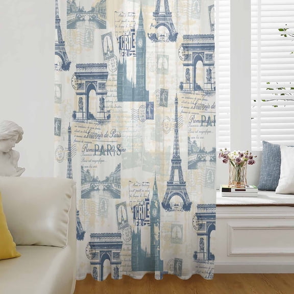 Eiffel Tower Sheer Curtains 45 Inches Long for Living Room/Bedroom, European Architectural Retro Hand-Painted Rod Pocket Voile Kitchen Curtains & Drapes Window Treatment 1 Panel, 52"W x 45"L