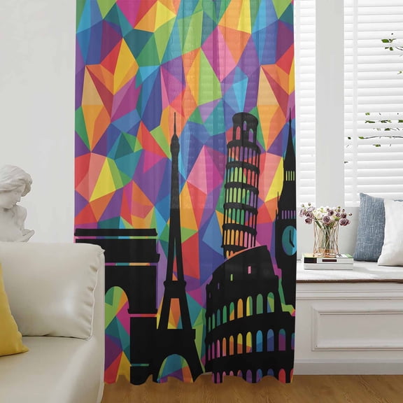 Eiffel Tower Sheer Curtains 45 Inches Long for Living Room/Bedroom, Modern Colorful European Architectural Art Rod Pocket Voile Kitchen Curtains & Drapes Window Treatment 1 Panel, 52"W x 45"L