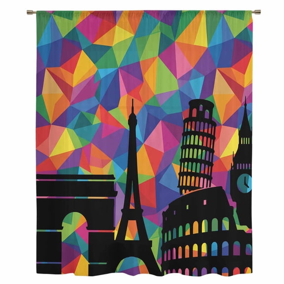 Eiffel Tower Sheer Curtains 45 Inches Long, Modern Colorful European Architectural Art Light Filering Curtains, Breathable Simi Curtain Privacy Drapes for Kitchen Bathroom Small Window Treatment