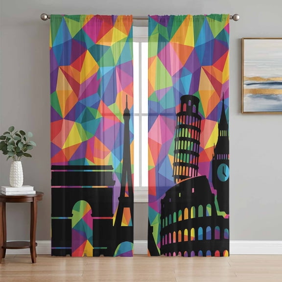 Eiffel Tower Sheer Curtains 72 Inch Length 2 Panels Set for Living Room/Bedroom, Modern Colorful European Architectural Art Semi Curtain Sheers Drapes Rod Pocket Curtains Window Treatment 52''x72''x2