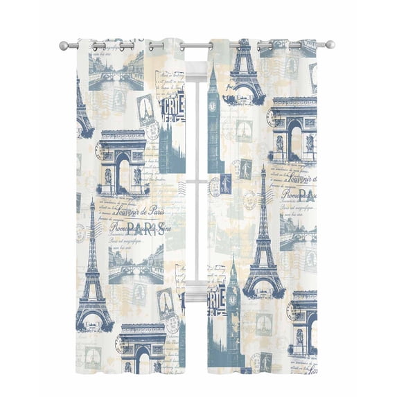 Eiffel Tower Sheer Curtains 84 Inch Length 2 Panels Set for Living Room/Bedroom, European Architectural Retro Hand-Painted Kitchen Curtains Grommet Semi-Sheer Curtains Window Treatments 52"x84"x2