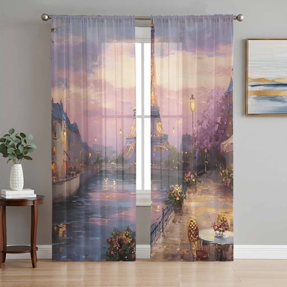 Eiffel Tower Sheer Curtains for Living Room Bedroom, Modern Purple Sunset Bridge River Night View Light Filtering Sheer Curtain Rod Pocket Voile Window Treaments Drapes, 52 x 108 Inches