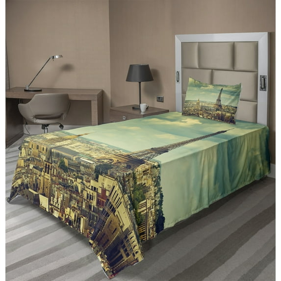 Ambesonne Eiffel Tower Fitted & Top Sheet Set with Sham, Building Aerial View, Green Brown Mint Green