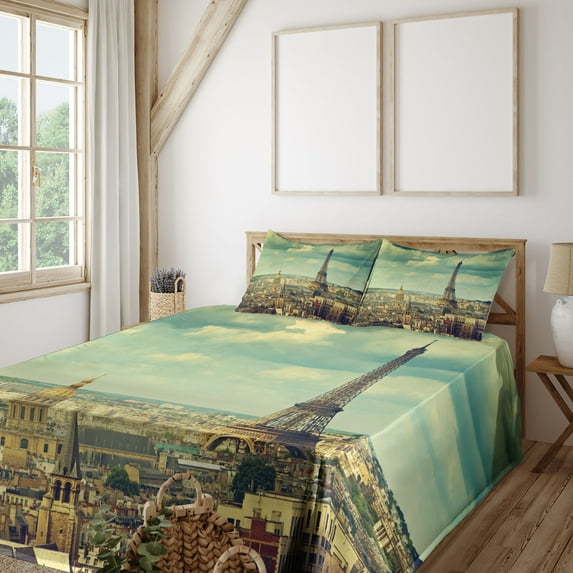 Ambesonne Eiffel Tower Fitted & Top Sheet Set with Shams, Building Aerial View, Green Brown Mint Green