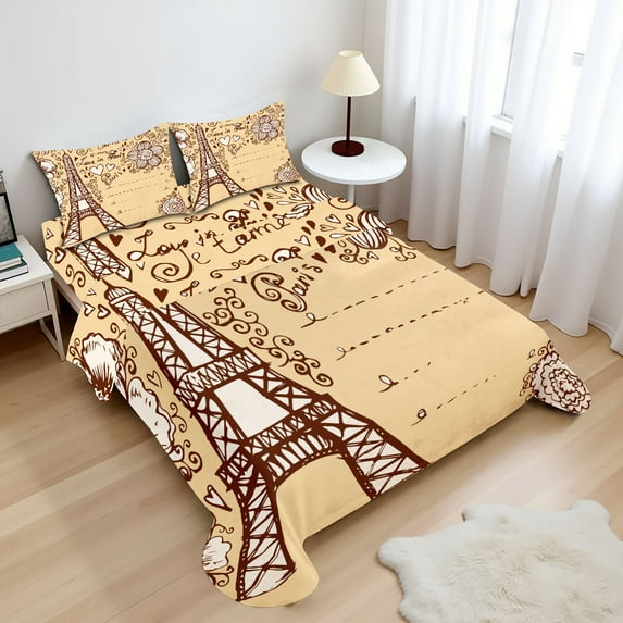 Ambesonne Eiffel Tower Fitted & Top Sheet Set with Shams, Love in Paris Flowers, Beige Chocolate